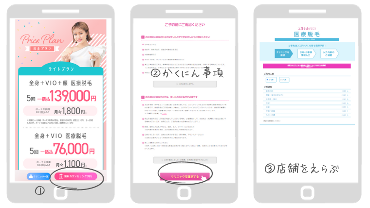 エミナルクリニック・カウンセリング予約方法①～③