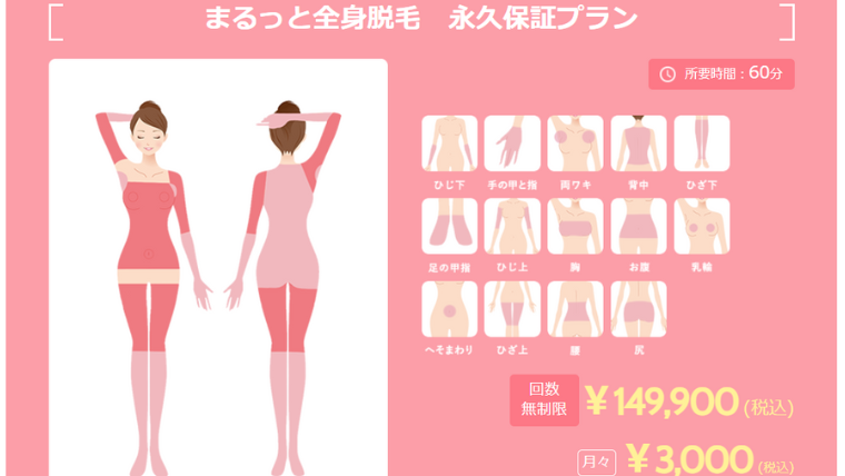 リアラクリニック通い放題(回数無制限)全身脱毛