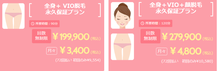 リアラクリニック通い放題・回数無制限、全身脱毛+VIO+顔